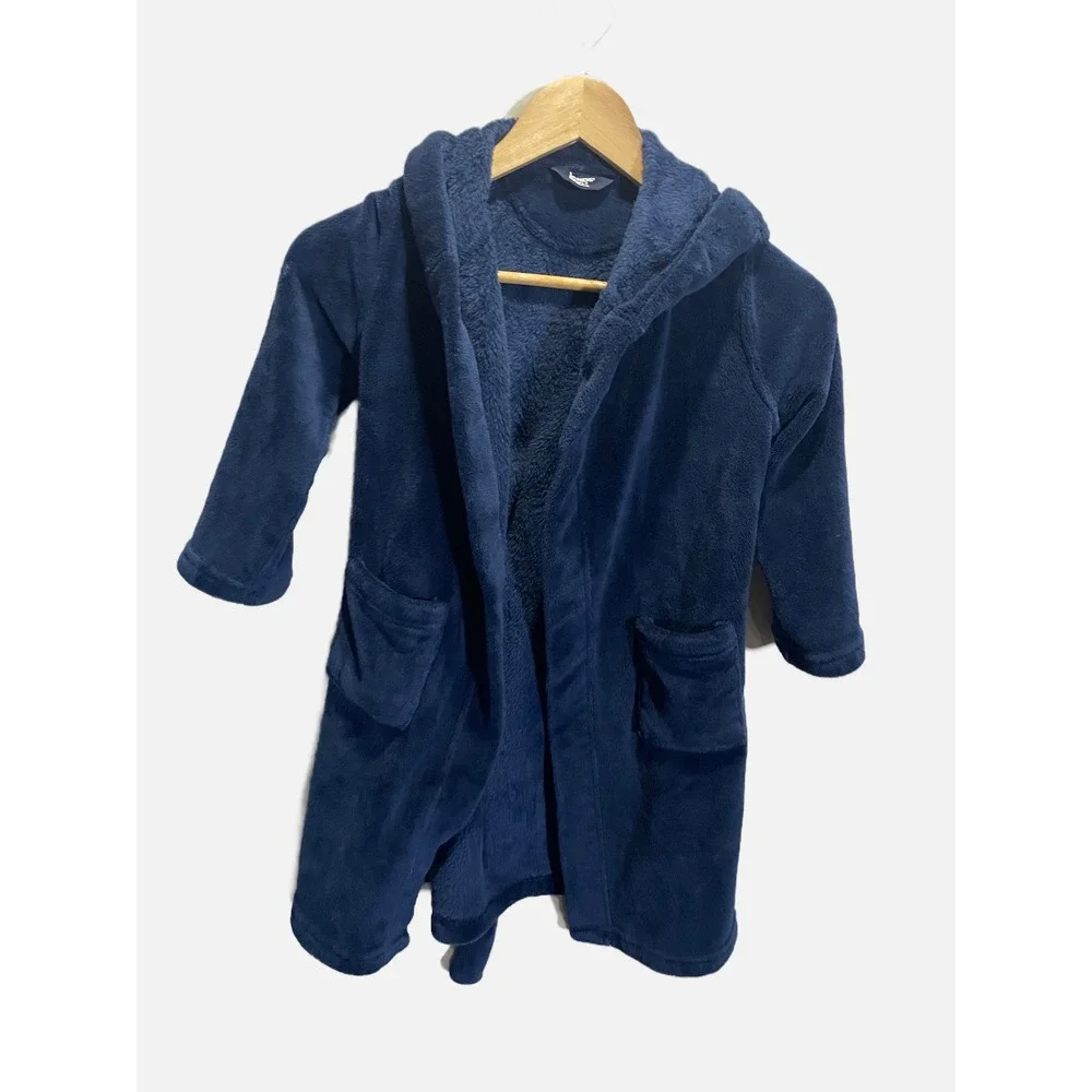 Lands' End Fleece Robe Kids 4 Navy Blue Hooded Plush Soft Loungewear Bathrobe‎